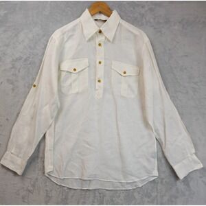 JL Powell Linen Shirt Mens Medium White 1/2 Button Roll Tab Long Sleeve Portugal
